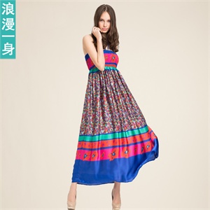 浪漫一身 2012夏装新款 吊带印花 高腰中长连衣裙 8221535