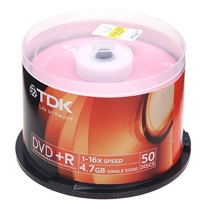 【当当销售配送】TDK DVD+R 16X 4.7GB 彩版红 50片桶装 刻录盘