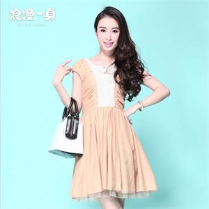 浪漫一身 韩版夏装女 圆领褶皱收腰 泡泡短袖拼接连衣裙 8221561