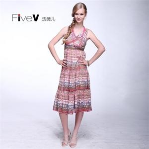FiveV法薇儿 2012夏装碎花时尚宽松版交叉领无袖连衣裙子12X-1038