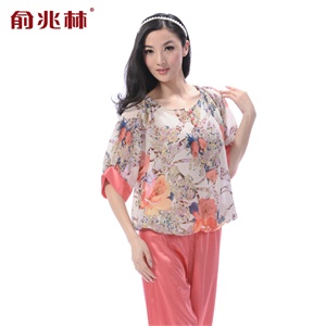 【当当自营】俞兆林 女士花朵圆领真丝短袖睡衣套装 91805