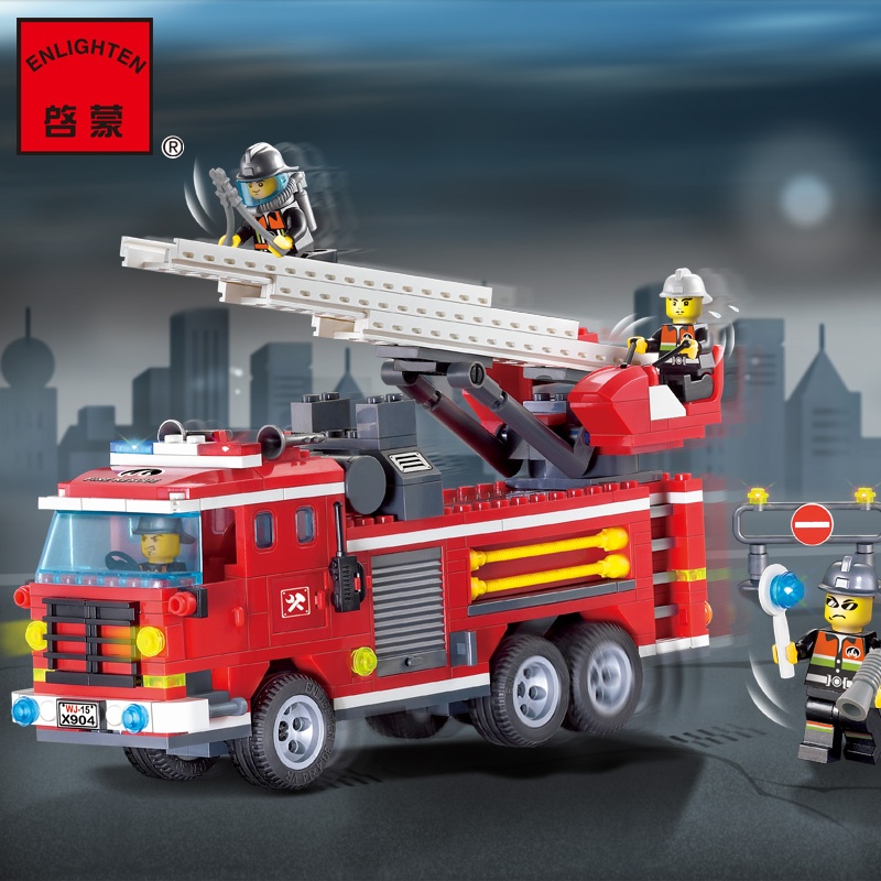 【启蒙 三桥消防车火警乐高式积木小颗粒拼装