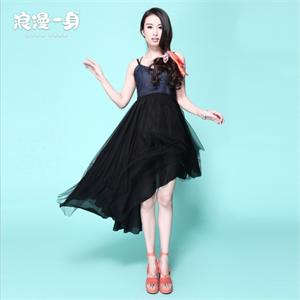 浪漫一身 2012夏装女 韩版高腰拼接 长款吊带连衣裙 8221597