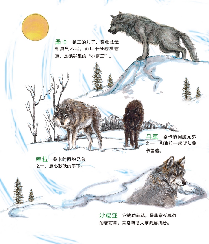 第一声嗥叫 黎明时分,天还没有亮,雅利安草原迎来了入冬的第一场雪。没有风,雪花 像羽毛一样轻飘飘地从天空落下。 松树下的土洞里,柯勒睡得正香。它被窸窸窣窣的声响吵醒了,连打几个哈欠后,迷迷糊糊睁开眼,好奇地向洞外探出头去啊,漫天飞舞的白色精灵! 柯勒一下子精神起来。