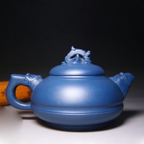 茗陶轩㊣宜兴原矿紫砂茶壶高工徐小平宝石蓝 三龙330cc紫砂茶具