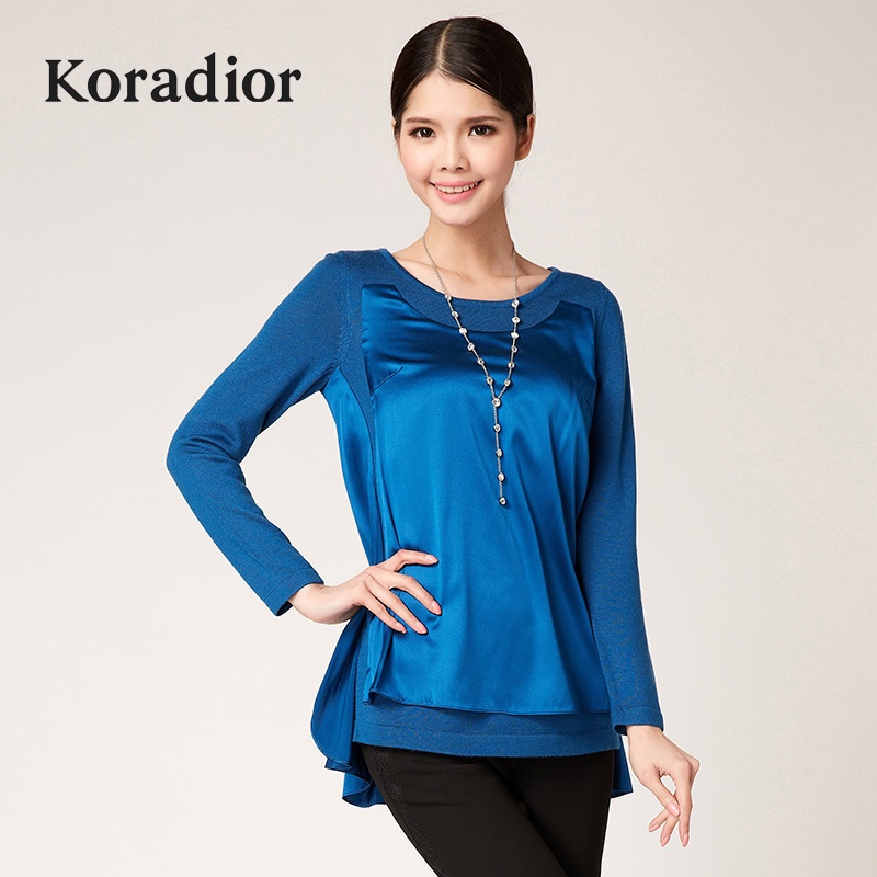 珂莱蒂尔koradior正品女装春装桑蚕丝羊毛拼接针织衫